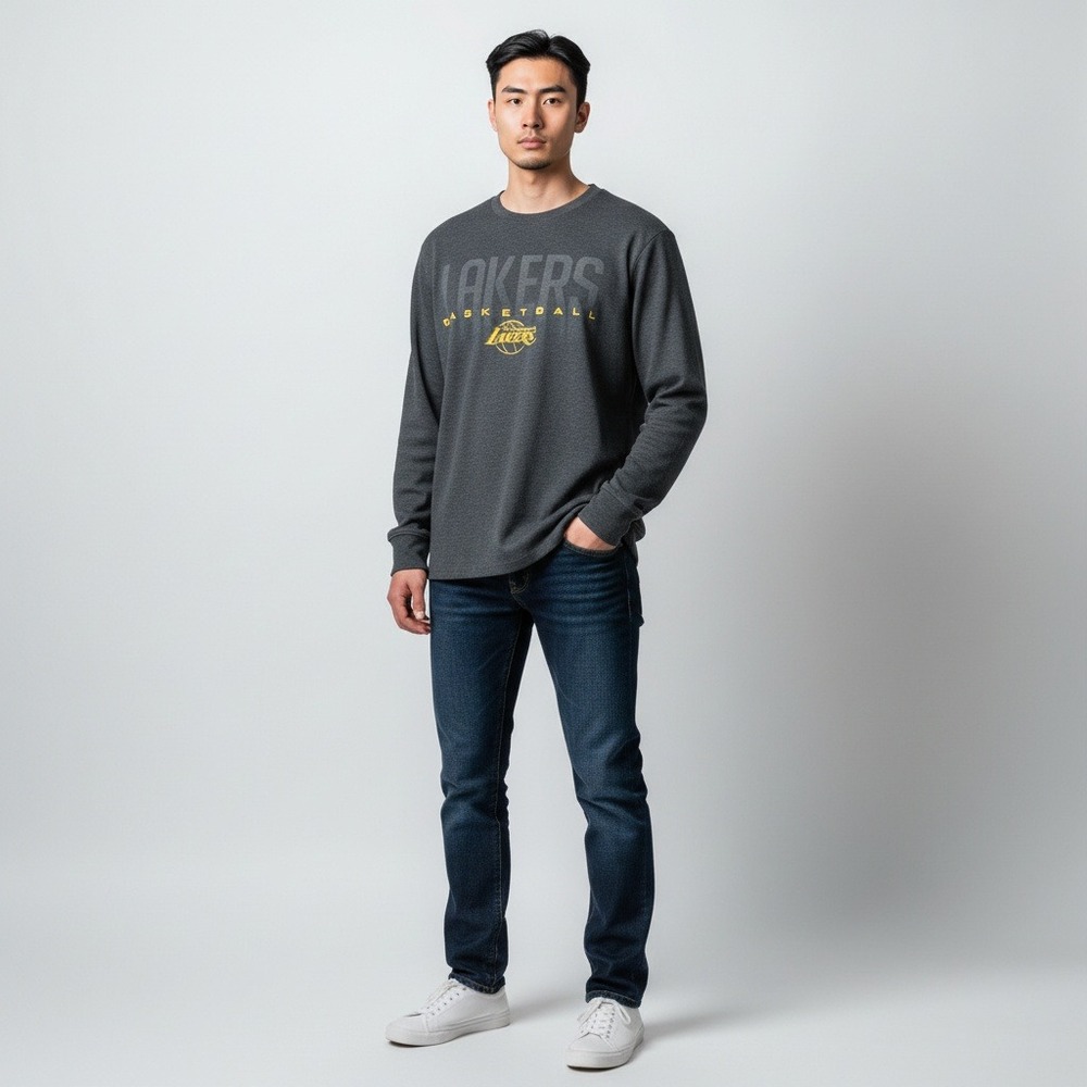 NBA Los Angeles Lakers Shirt Large Gray Thermal Waffle Knit Long Sleeve Graphic